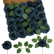 25Pcs Artificial Roses Flowers Fake Roses With Stems Real Touch Foam Flowers For DIY Wedding Bouquet Baby Shower Centerpiece Floral Arrangement Party Home Decor(Dark Red) - Merak Biru - View 1