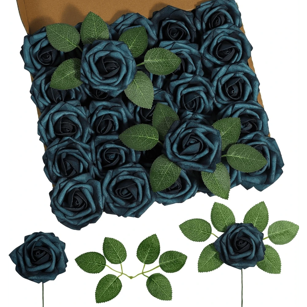 25Pcs Artificial Roses Flowers Fake Roses With Stems Real Touch Foam Flowers For DIY Wedding Bouquet Baby Shower Centerpiece Floral Arrangement Party Home Decor(Dark Red) - Merak Biru - View 1