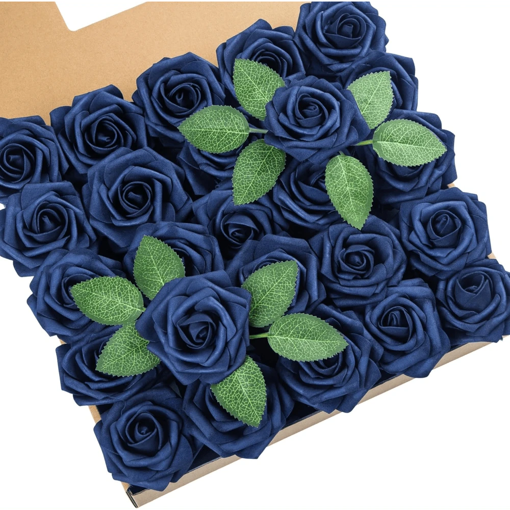 25Pcs Artificial Roses Flowers Fake Roses With Stems Real Touch Foam Flowers For DIY Wedding Bouquet Baby Shower Centerpiece Floral Arrangement Party Home Decor(Dark Red) - 藏蓝色 - 查看 1