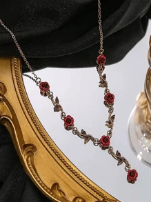 1 Pc Light Luxury Retro Style Red Rose Earring Bracelet Necklace Set, Suitable For Women To Wear On Dates, Parties, And Daily Occasions