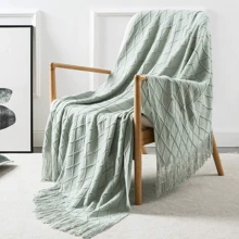1pc Sage Green Light Weight Knitted Throw Blanket, Suitable For Sofa, Bohemian Home Decor, Couch Living Room, 50" X 60"