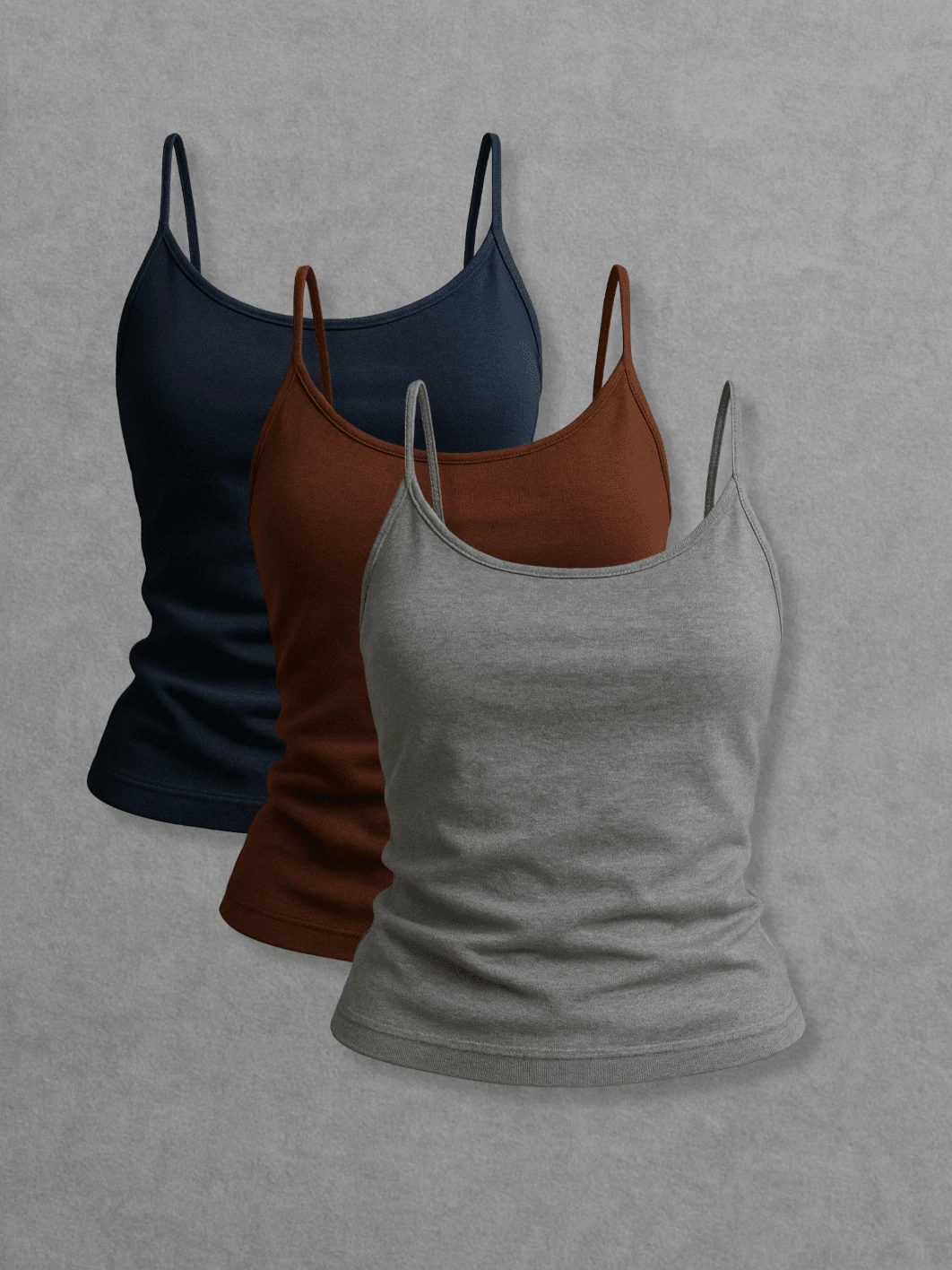 Kit Of 3 Women's Tank Tops Without Padded Underwire, Super Light Straps - Abu-abu, Biru Dongker dan Coklat - View 1