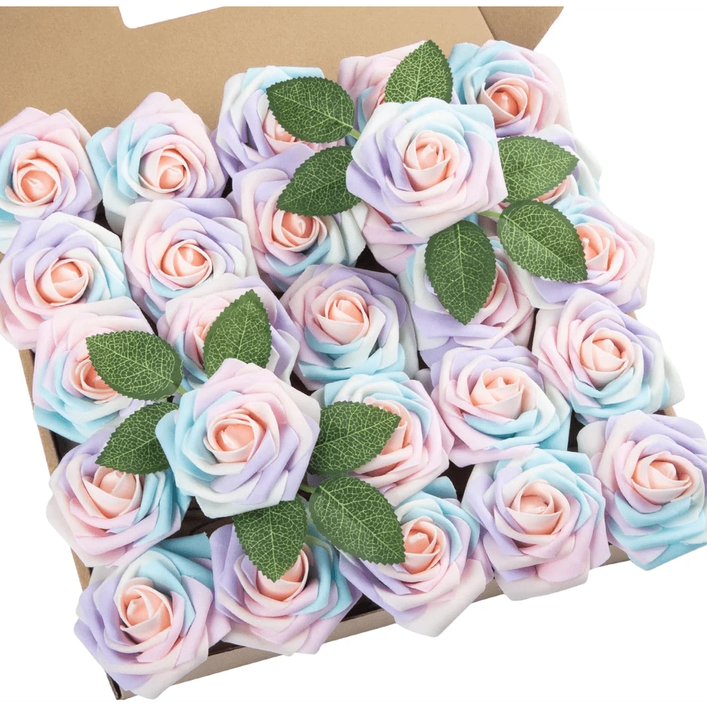 25Pcs Artificial Roses Flowers Fake Roses With Stems Real Touch Foam Flowers For DIY Wedding Bouquet Baby Shower Centerpiece Floral Arrangement Party Home Decor(Dark Red) - Whimsical Blush - View 1