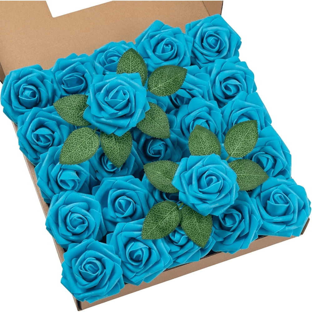 25Pcs Artificial Roses Flowers Fake Roses With Stems Real Touch Foam Flowers For DIY Wedding Bouquet Baby Shower Centerpiece Floral Arrangement Party Home Decor(Dark Red) - Middle Blue - View 1