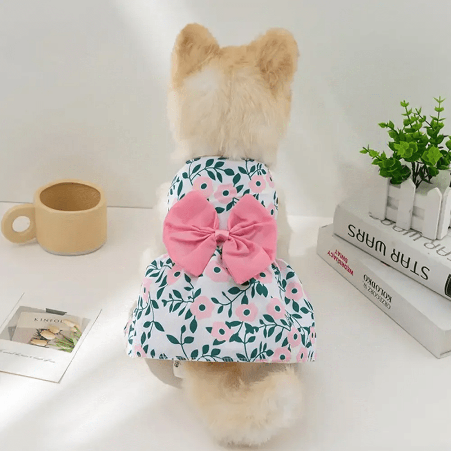 Vestido de princesa para cachorro estampado verão com botão de laço fofo saia fina para filhotes e gatos roupas para festa de casamento chihuahua