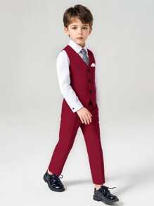 Conjunto de 2 piezas traje de caballero para niños - Chaleco rojo + Pantalones + Corbata, adecuado para fiesta de cumpleaños, evento formal, boda, festividad