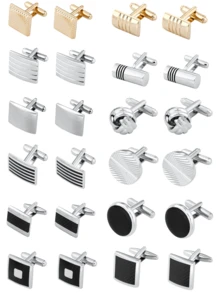 1 对男士袖扣经典色调袖扣银金和黑色条纹圆盘方形矩形袖扣衬衫西装男士袖扣适合婚礼新郎商务和父亲优雅礼物学校