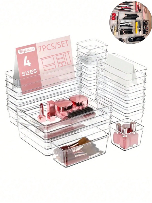 Ensemble de 25 plateaux, Boîte de rangement transparente pour tiroirs de commode, 4 tailles de plateaux, Multifonctionnel, Utilisé pour les cosmétiques, les stylos, les gadgets, Très adapté pour les salles de bain, les coiffeuses, les tiroirs de bureau.