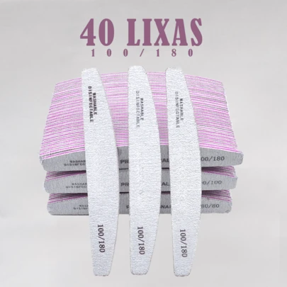 Kit 60 Lixas 100/180 Boomerang Bumerangue Lavaveis Manutenção e Alongamento de Unhas Fibra e Gel, Nail Designer Profissional