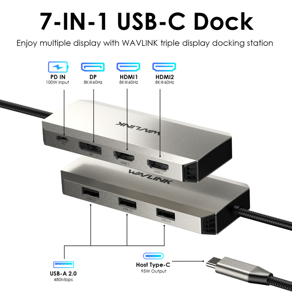 Dock USB C Triple Display, Estação de Acoplamento Laptop 7-em-1 Hub USB C, Suporte Único 8K Triple 4K@60Hz com DP, 2HDMI, 480Mbps USB2.0-A Compatível com Laptops HP