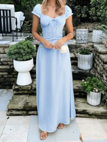 WOWDARK Damen Kleid mit Schlitz vorne und Kurzarm für den Herbst - Blau - Übersicht 8