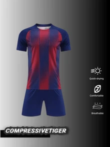 Personalized Adult Soccer Jersey & Shorts Set (2 Pieces) - Custom Name/Number Print, Quick-Dry Fabric - Red And Blue 2526 Season Fan Barcelona Style, Match Day Gift - Navy Blue - View 2