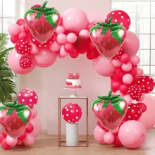 128 Teile Set, Erdbeeren Party Deko Ballon Girlande Bogen Set, rot, hellrosa, orange Ballons, Erdbeeren Folienballon, geeignet für Erdbeeren Geburtstags-, Hochzeits-, Jubiläums- oder Verlobungsparty
