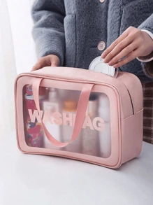 1 pièce Sac cosmétique en PVC rose, Trousse de toilette transparente de grande capacité, Sac de toilette portable imperméable en PU, Organisateur de voyage pour femme