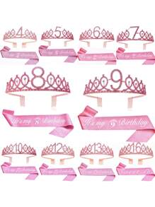 2pcs/Set 4th 5th 6th 7th 8th 9th 10th 12th 13t 16th Birthday Gift Party Favor Rhinestone Crown Jewelry Peony Ribbon Number Etiquette Rose Flower Shoulder Strap Onion Powder Cloth Belt Holiday Dress Up Set Fashion Number Delicate Crown Tiara Hair Accessories It's My Birthday For Pink