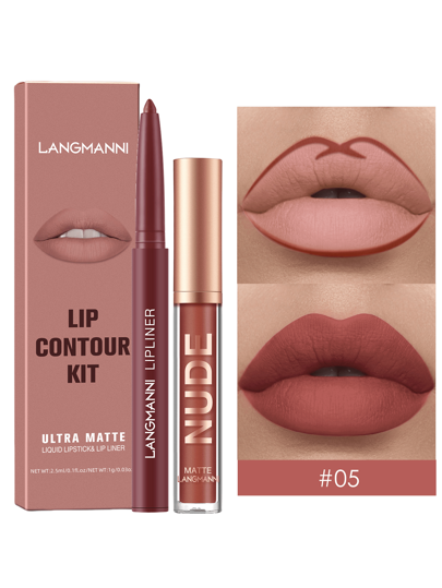 LANGMANNI Set de maquillaje de 2 piezas que incluye brillo de labios + delineador de labios, pintalabios líquido resistente al agua y de larga duración (#05)