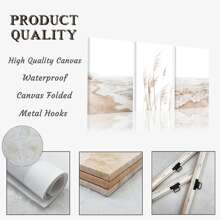 Conjunto de 3 impresiones de arte de pared estilo boho sin marco de temática costera neutra, incluye impresión de pasto pampa, minimalista, fotografía paisajística del océano, decoración estética para el hogar, arte de pared impermeable en lienzo, pintura mural para regalo, dormitorio, sala de estar, oficina, baño, hogar y decoración de dormitorio