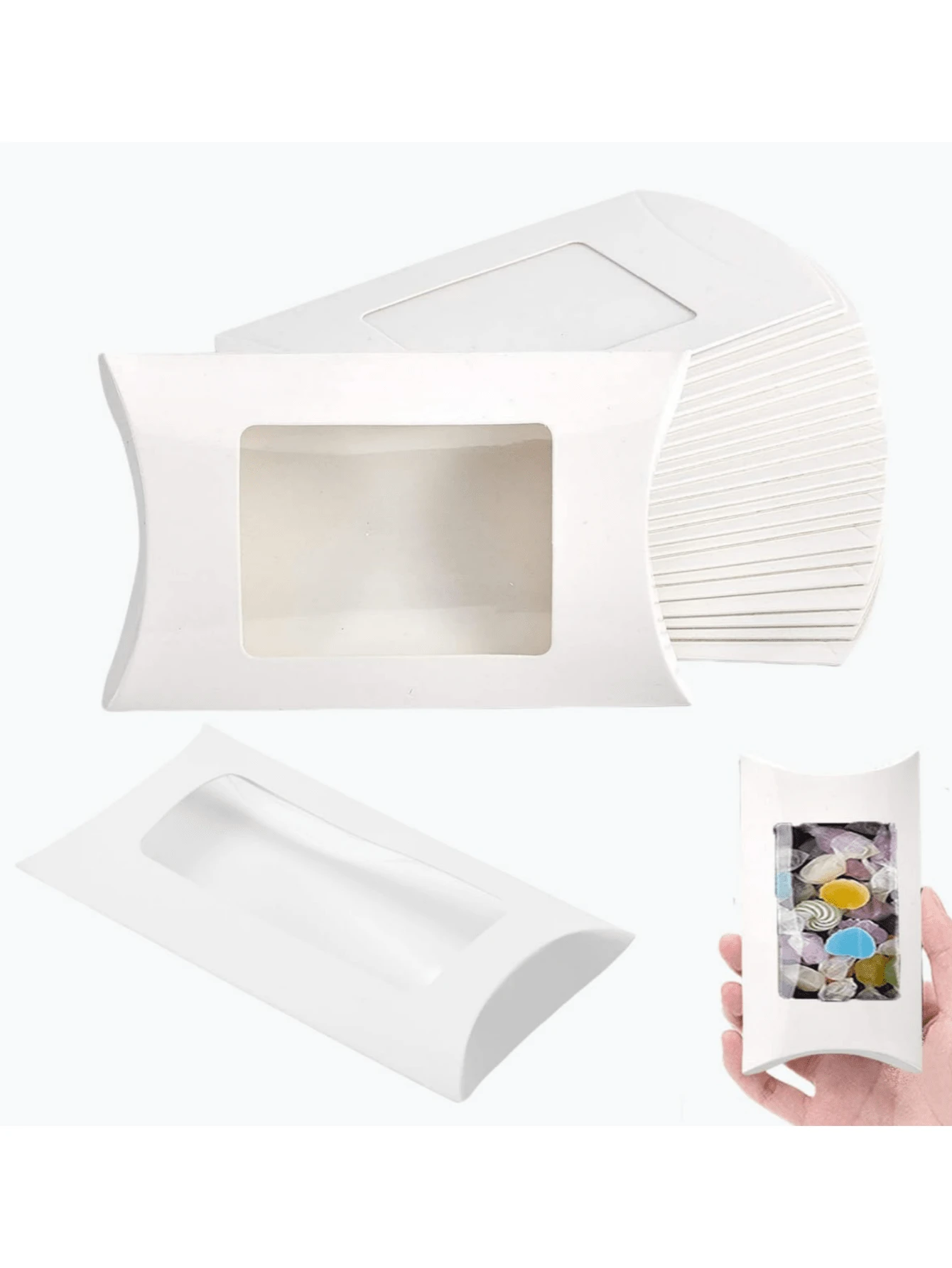 25 Stück weiße Papier Mini Kissen Verpackungsboxen mit klarem Fenster, Geschenkverpackungsbox für Backwaren, Süßigkeiten, Schokolade, Schmuck, Hochzeitsfeier, Sommerfest, Geburtstag, Strand, Schule, Zimmer Dekoration