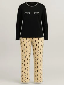 Moon Print Long Sleeve Pajama Set Eyelashes Eyes Trousers - Black - View 3
