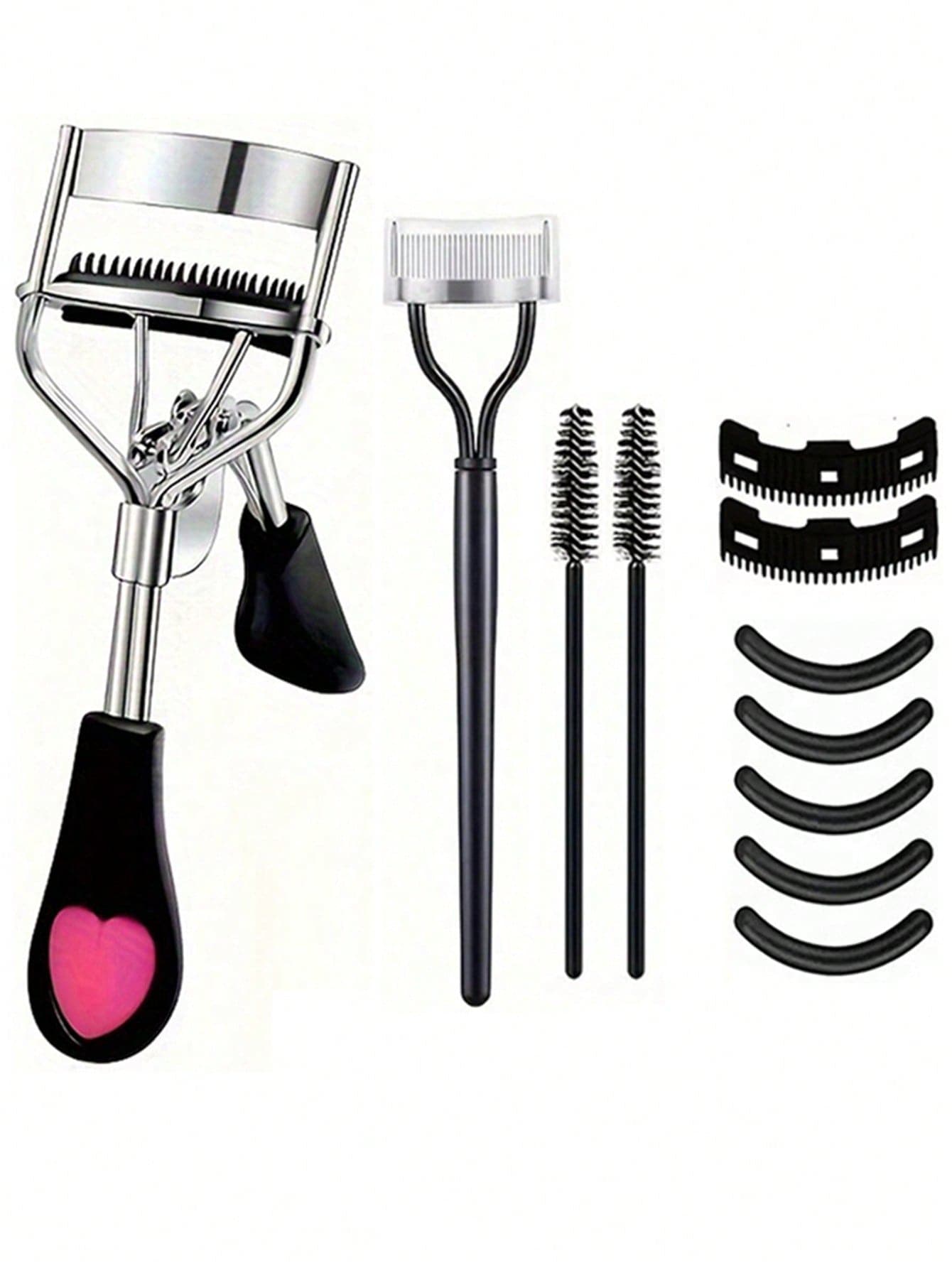 11件套睫毛夹套装，女士睫毛刷套装，包含1个带梳子的睫毛夹（含2个替换梳齿）、1个睫毛分离器、2个睫毛卷翘器、5个睫毛夹替换垫，打造浓密卷翘睫毛，适合居家使用、旅行便携、商业用途、分销，是送给女孩、家居装饰、梳妆台、卧室的理想之选，价格实惠，也是情人节礼物的好选择。 - 黑色 - 查看 1