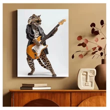 1pc Frameless Fun Animal Playing Guitar Posters Fashion Fox Bear Vintage Painting Printed Canvas Wall Arts Modern Living Room Bedroom Dormitory Bar Club Wall Decoration Home Decoration