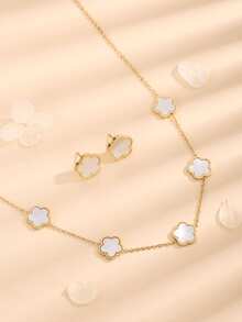 Bộ trang sức 3 món bằng thép không gỉ và xà cừ trắng hình hoa 5 cánh, gồm bông tai và dây chuyền, thích hợp làm quà tặng cho bạn gái/sinh viên. - Dây chuyền + bông tai hoa 5 lá - Xem 11