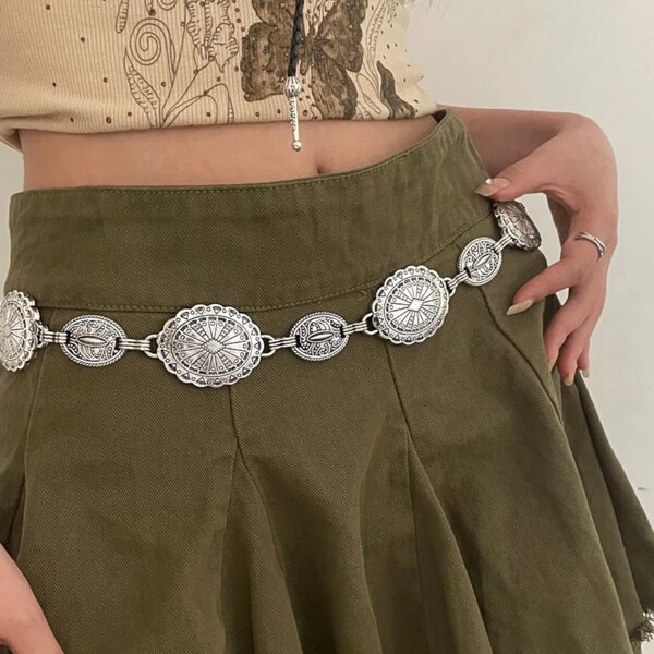 1pc Women's Retro Floral Retro Pattern Metal Belt, Fashion Waist Belt For Dresses, Skirts, Shirts, Boho Zinc Alloy Accessories