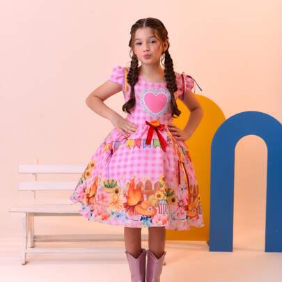 Vestido Infantil Festa Junina Arraiá Caipira São João Rosa Xadrez com Girassol