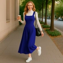 Conjunto cómodo de 2 piezas overol de tirantes y blusa manga larga - azul real - Ver 2