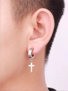 1 par de brincos masculinos com pingente de cruz personalizado, sem piercing, clipes de orelha de aço inoxidável, brincos minimalistas de hip hop para casais, adequados para encontros, férias, festa