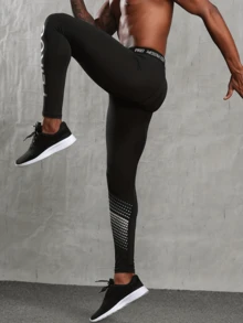 丝网印花男式运动速干弹力紧身裤 - 黑色 - 查看 7