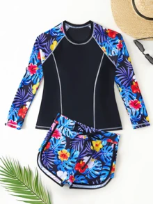 Conjunto de Bañador de Dos Piezas para Mujer, El set incluye tapones para los oídos y pinza para la nariz,Short de Baño de Tiro Bajo y Blusa de Manga Larga para Sol, Traje de Baño Bikini para Mujer,Estampado de Árboles Tropicales en Verde, Conjunto Sexy y Moderno de Playa para Vacaciones de Verano ,Ideal para Vacaciones en la Playa o Fiestas en Barco, Incluye Protección Solar - Azul - Ver 3