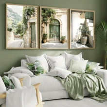 3件套波西米亚风墙饰套装，绿色马略卡风格门挂海报，橄榄树和花卉植物主题墙画，简约家居装饰，适用于客厅、卧室、浴室、厨房、办公室，帆布材质（可选画框）