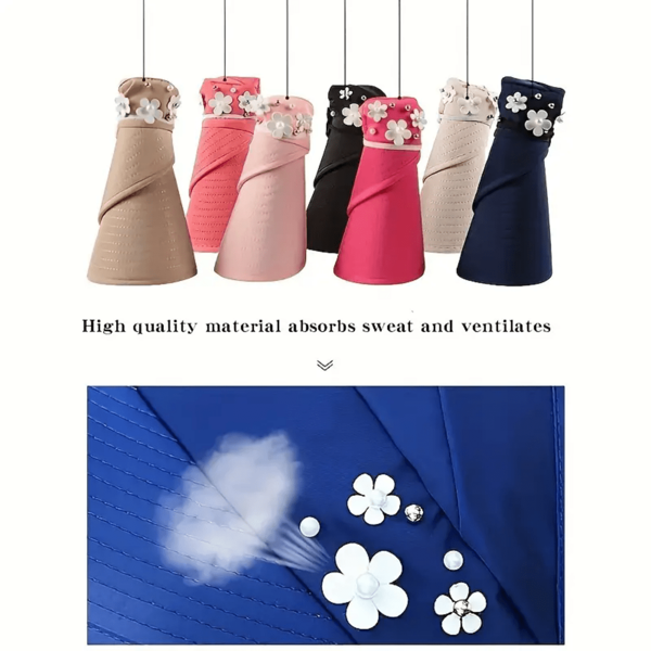 2025 New Women's Wide Brim Sun Hat - Protective, Foldable & Breathable, Decorated With Imitation Pearls & Floral, Scalloped Beach Hat, Suitable For Beach, Picnic & Outdoor Activities, Sun Protection Hat