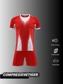 2pcs Personalized Soccer Jersey Set - Customizable Name & Number Print Short Sleeve T-Shirt + Shorts, Quick-Dry Sports Outfit, Red Summer Style For Friends - Red - View 2