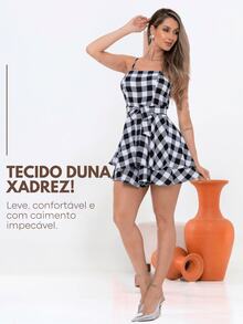 Plaid Jumpsuit Dress S To GG Women's June Party Look São João Fabric Duna Short Stylish Bow Waist Plaid Casual Cute Party Hem With Ruffle With Belt - 黑與白 - 查看 2