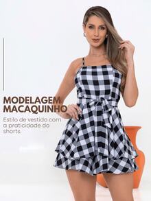 Plaid Jumpsuit Dress S To GG Women's June Party Look São João Fabric Duna Short Stylish Bow Waist Plaid Casual Cute Party Hem With Ruffle With Belt - 黑與白 - 查看 6