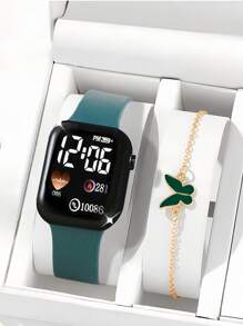 2 pièces/Set: 1 pièce Montre numérique Cœur de bande dessinée et Carré + 1 pièce Bracelet Papillon, Cadeaux pour la Saint-Valentin, Noël, Remise des diplômes, Couples, Montre et Bracelet pour Couples