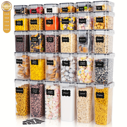 5/7/10/12/15/18/24/30 Pieces Sealed Food Storage Containers With Lids - Plastic Kitchen Storage Containers For Organizing And Storing Cereals, Rice, Pasta, Flour And Sugar With Labels And Pens Included.
