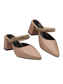AC. ANA CRISTINA FOOTWEAR Sapato Mule Feminino Salto Bloco Confortavel Tiras Enfeite    básico  elegante    Couro PU    Strass    Scarpin  Escritório  Festa  Casamento    OUTONO/INVERNO
