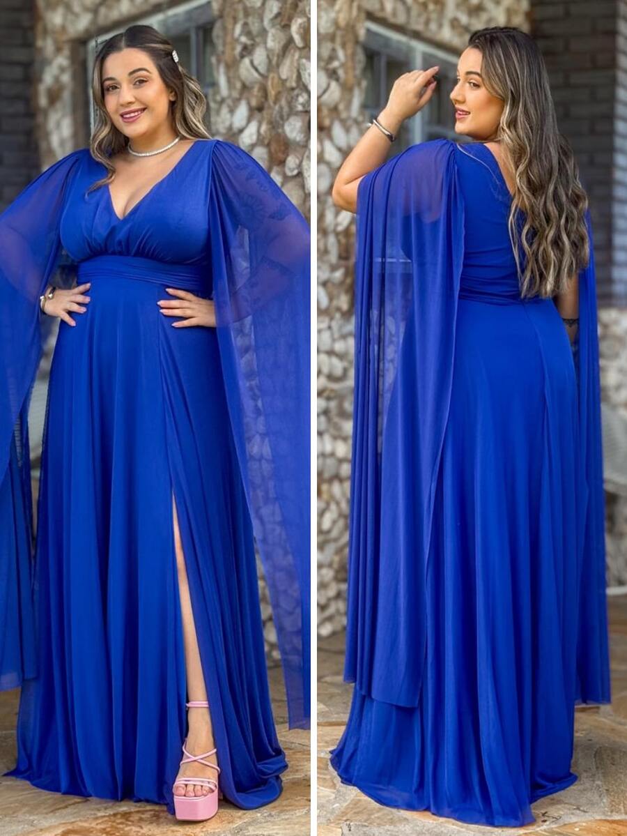 Plus Size Party Dress Cape Sleeves Royal Blue - 寶藍色 - 查看 1