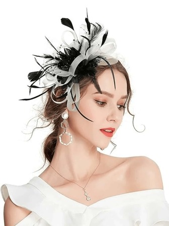 YBYR 1pc Fascinator Hat For Women 50s & 60s Flower Mesh Ribbon Feather Headband With Clip, Elegant Tea Party, Kentucky Derby, Or Wedding Headwear, Special Occasion Hat | Vintage Style Hat | Feather Trimmed Hat Valentine's Day Accessories