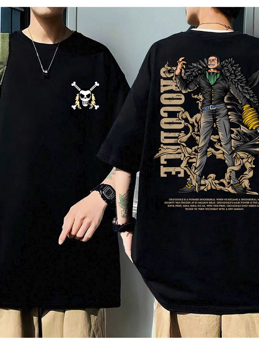 Crocodile Shichibukai One Piece T-Shirt Cartoon 100% Cotton Unisex Plux Size Fashion Punk Street Casual Shirt Men Women Streat Streatwear Immediate Shipping - 黑色 - 查看 1
