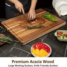Large Rectangular/Round Wooden Cutting Board With Juice Groove - Double-Sided Kitchen Chopping Board For Vegetables, Meat, Cheese And Serving Platters | Durable, Kitchen Accessory, Cutting Board, Eid Al-Fitr - Brown - View 3