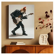 1pc Frameless Fun Animal Playing Guitar Posters Fashion Fox Bear Vintage Painting Printed Canvas Wall Arts Modern Living Room Bedroom Dormitory Bar Club Wall Decoration Home Decoration