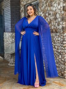 Plus Size Party Dress Cape Sleeves Royal Blue - 寶藍色 - 查看 2