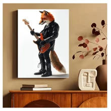 1pc Frameless Fun Animal Playing Guitar Posters Fashion Fox Bear Vintage Painting Printed Canvas Wall Arts Modern Living Room Bedroom Dormitory Bar Club Wall Decoration Home Decoration