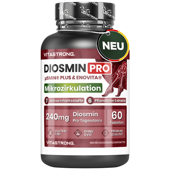 Vitastrong Diosmin PRO Vitastrong Vegan – Mikronisierter Diosmin- und Flavonoidkomplex mit Enovita, Centella, Rosskastanie, Mäusedorn, Lespedeza und schwarzem Pfeffer, 60 Tabletten