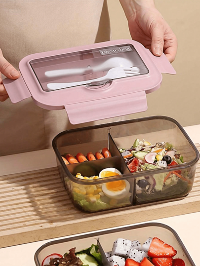 1 Set Scatola Bento quadrata monocolore con scomparti, coperchio e posate, scatola pranzo in plastica riutilizzabile e adatta al microonde per lavoratori d'ufficio, studenti, feste, attività all'aperto, campeggio, picnic, snack, forniture scolastiche