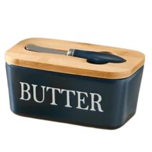 1 件陶瓷黄油碟套装，带竹盖和刀 - 密封硅胶黄油盒，适用于厨房台面和冰箱 - 烘焙和送礼的理想选择